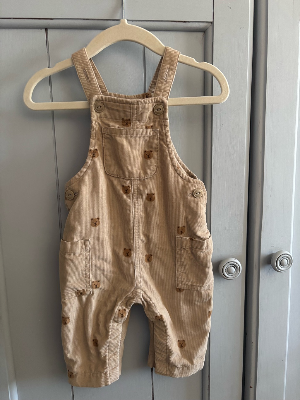 Gap Beige Corduroy Overalls With Bear Embroidery
